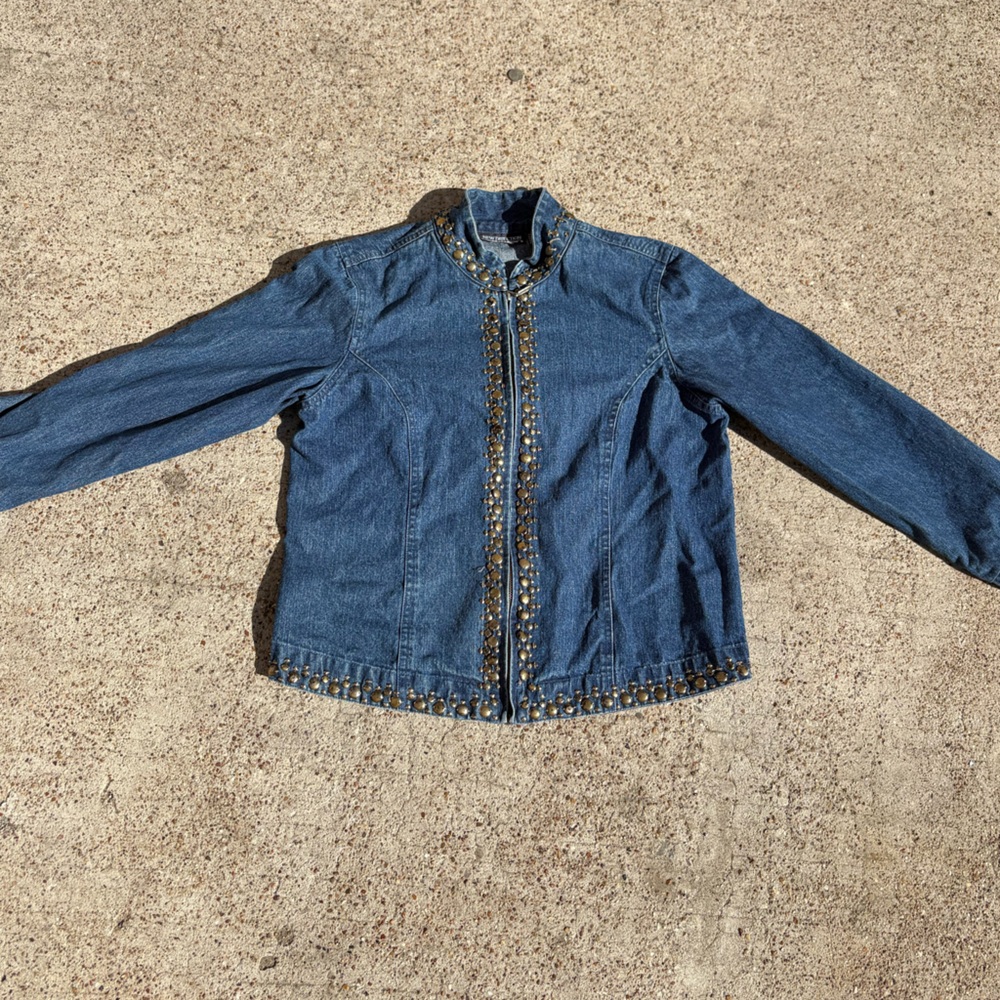New Direction Blue Denim Embellished Jacket Zip Up Size Small
